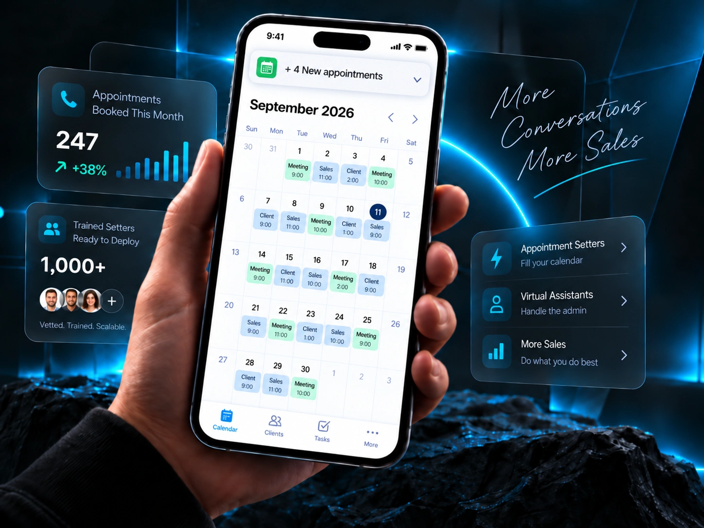 Hand holding a phone showing a calendar full of booked insurance appointments